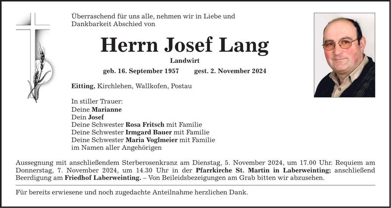 Traueranzeige Josef Lang