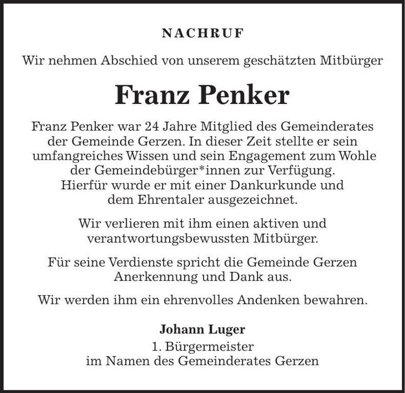 Traueranzeige Franz Penker