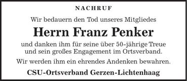 Traueranzeige Franz Penker