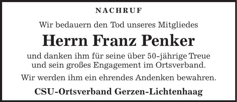 Traueranzeige Franz Penker