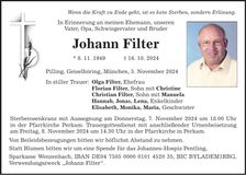 Traueranzeige Johann Filter