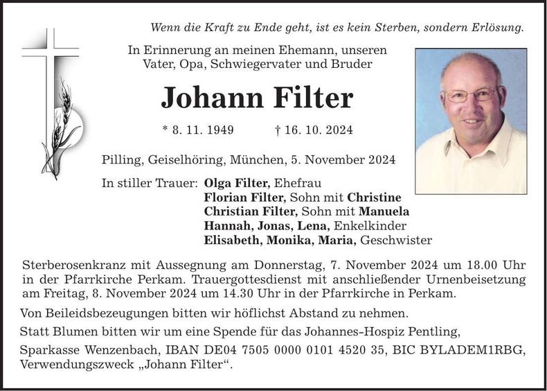 Traueranzeige Johann Filter