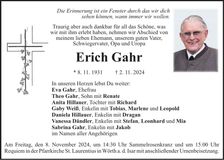 Traueranzeige Erich Gahr