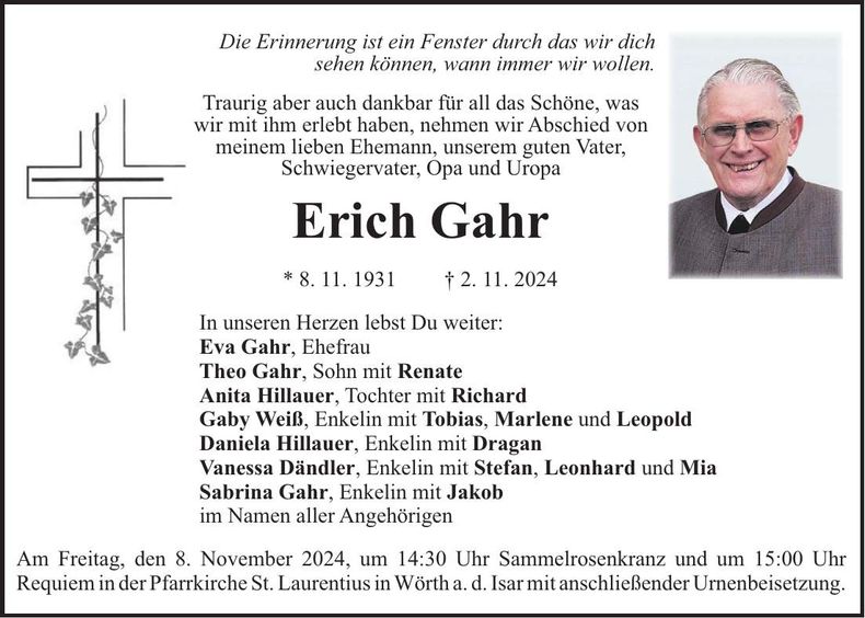 Traueranzeige Erich Gahr