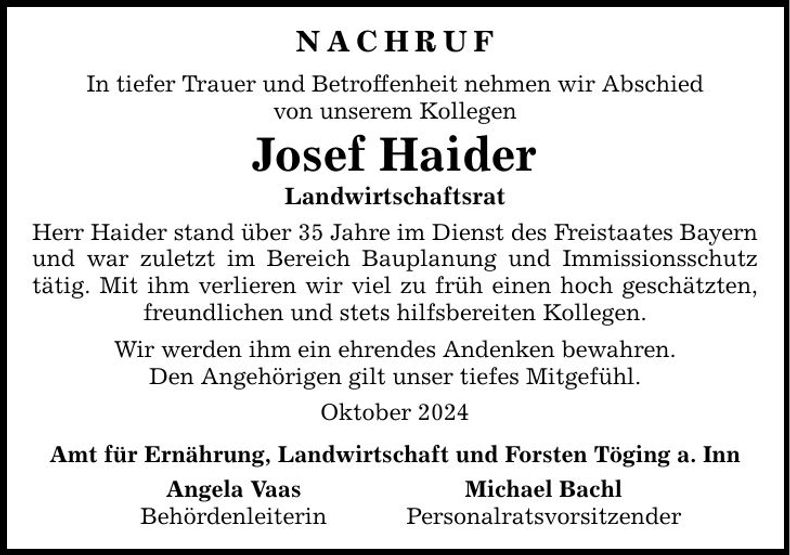 Traueranzeige Josef Haider
