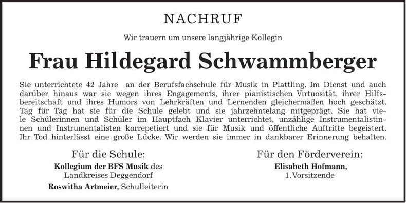 Traueranzeige Hildegard Schwammberger