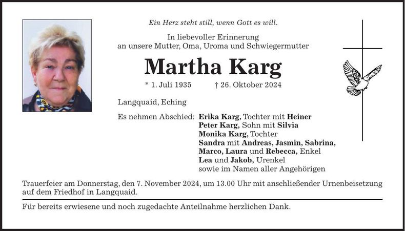 Traueranzeige Martha Karg