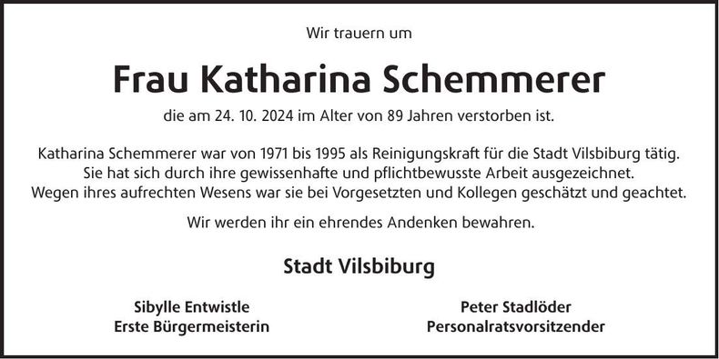 Traueranzeige Katharina Schemmerer