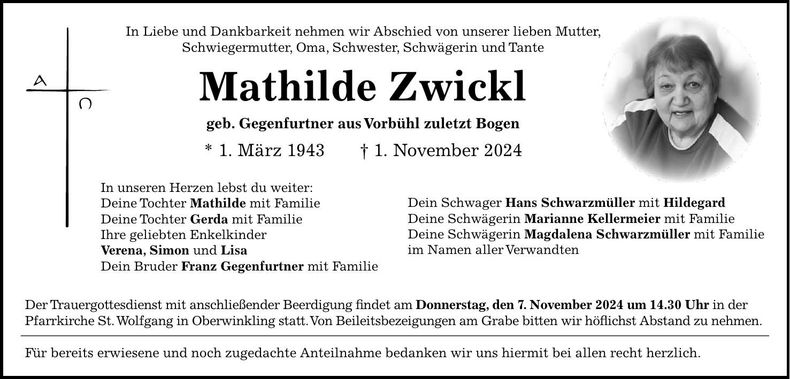Traueranzeige Mathilde Zwickl