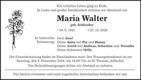 Traueranzeige Maria Walter