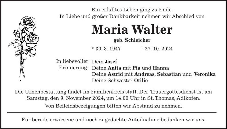Traueranzeige Maria Walter