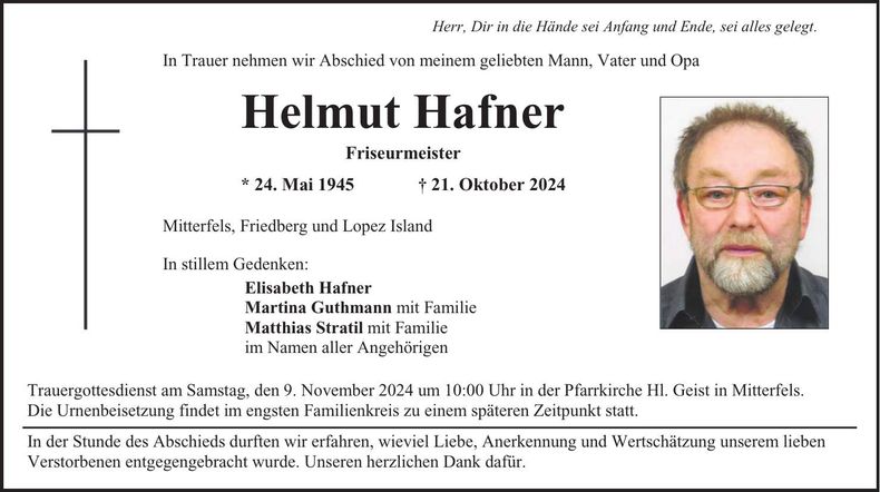 Traueranzeige Helmut Hafner