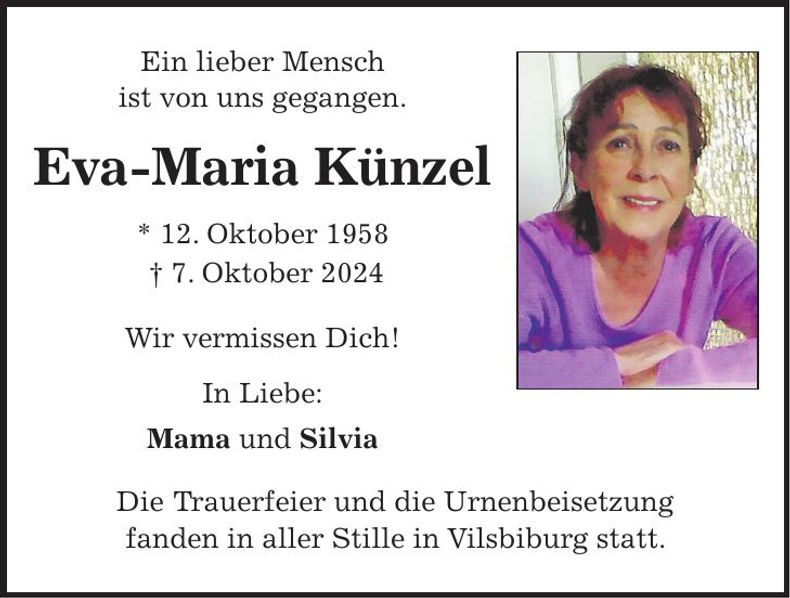 Traueranzeige Eva-Maria Künzel