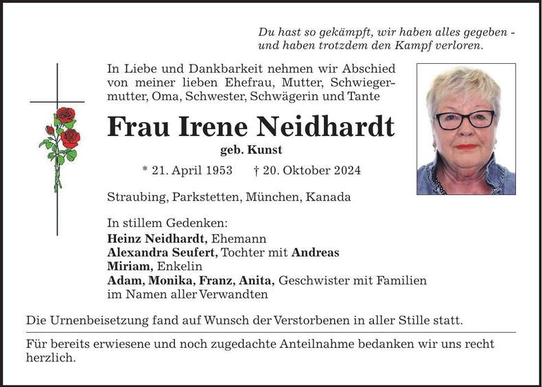 Traueranzeige Irene Neidhardt