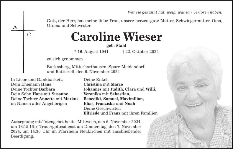 Traueranzeige Carolina Wieser