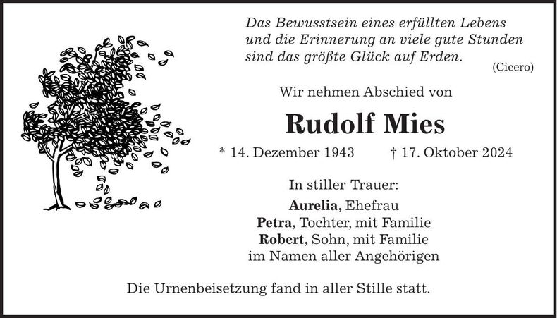 Traueranzeige Rudolf Mies