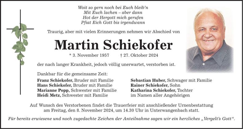 Traueranzeige Martin Schiekofer