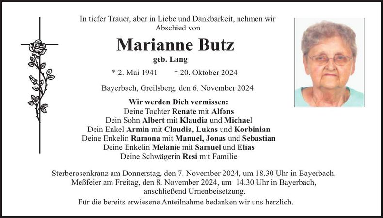 Traueranzeige Marianne Butz