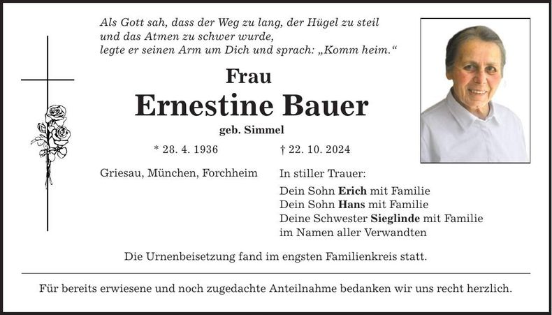 Traueranzeige Ernestine Bauer