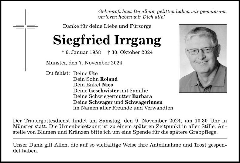 Traueranzeige Siegfried Irrgang