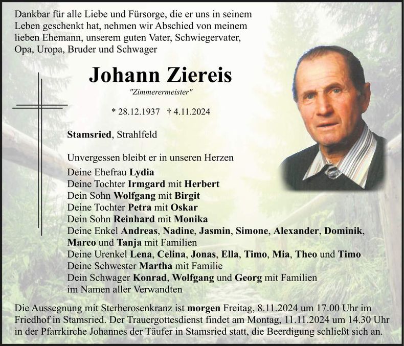 Traueranzeige Johann Ziereis