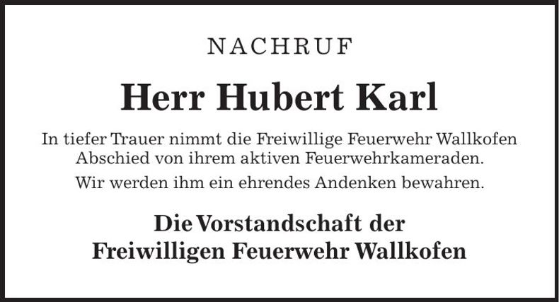 Traueranzeige Hubert Karl