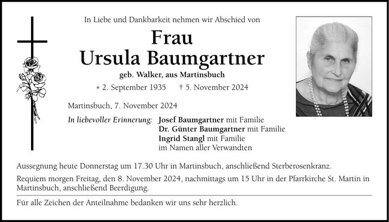 Traueranzeige Ursula Baumgartner