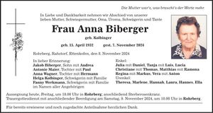 Traueranzeige Anna Biberger