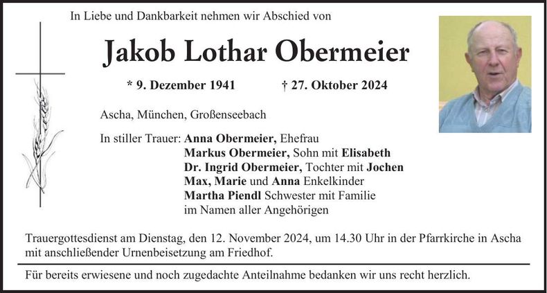Traueranzeige Obermeier Jakob Lothar