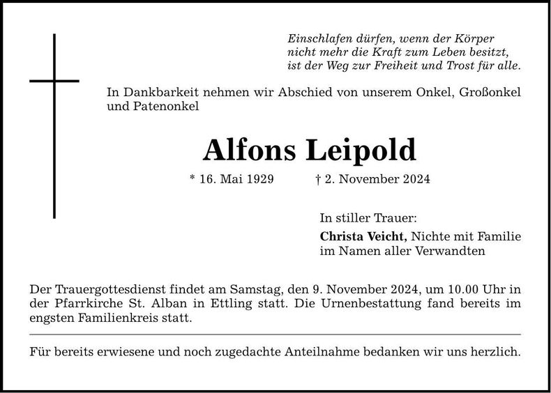 Traueranzeige Alfons Leipold