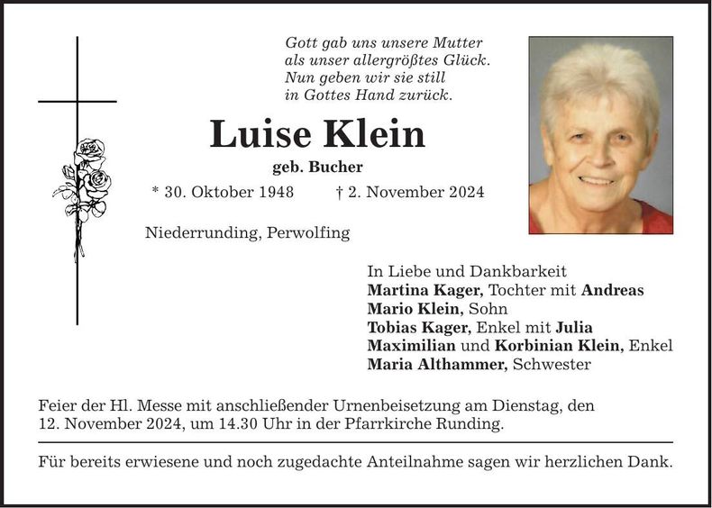 Traueranzeige Luise Klein