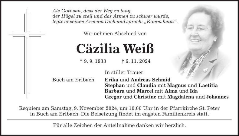 Traueranzeige Cäzilia Weiß