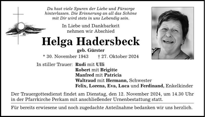 Traueranzeige Helga Hadersbeck