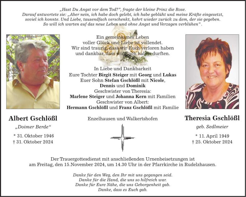 Traueranzeige Albert und Theresia Gschlößl