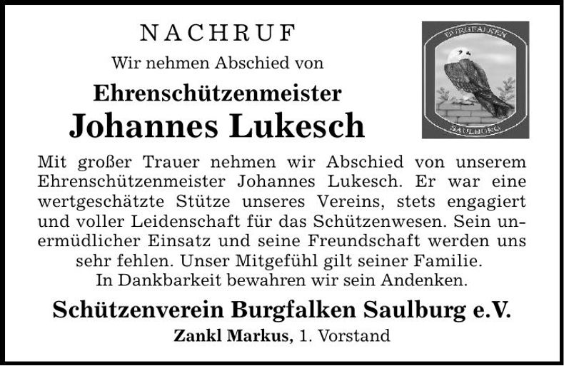 Traueranzeige Johannes Lukesch