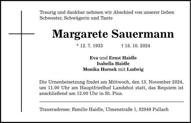 Traueranzeige Margarete Sauermann