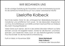 Traueranzeige Liselotte Kolbeck