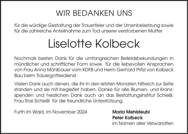 Traueranzeige Liselotte Kolbeck