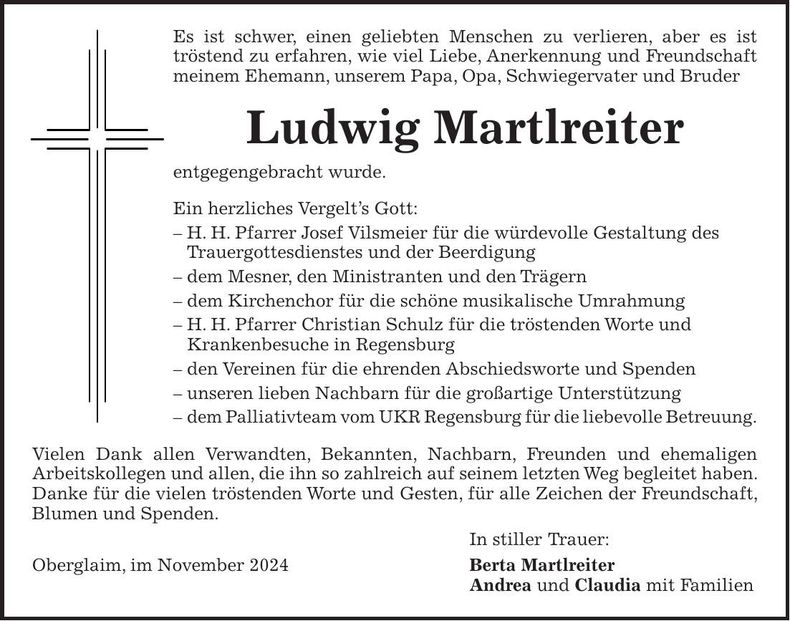 Traueranzeige Ludwig Martlreiter