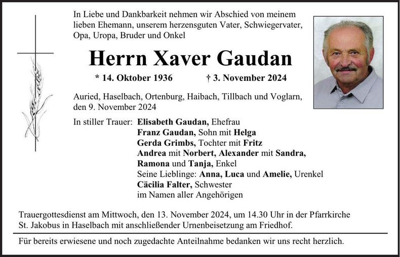 Traueranzeige Xaver Gaudan