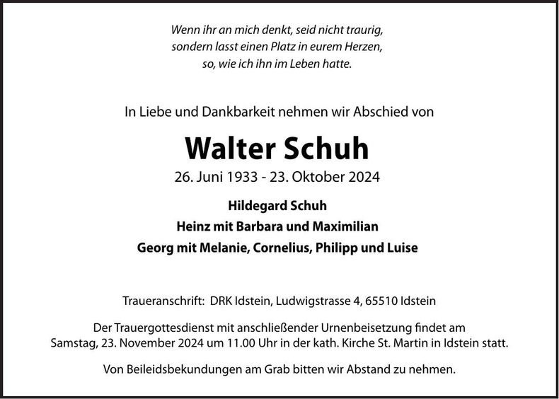 Traueranzeige Walter Schuh