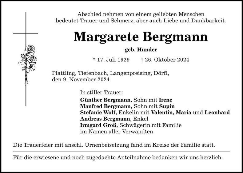 Traueranzeige Margarete Bergmann
