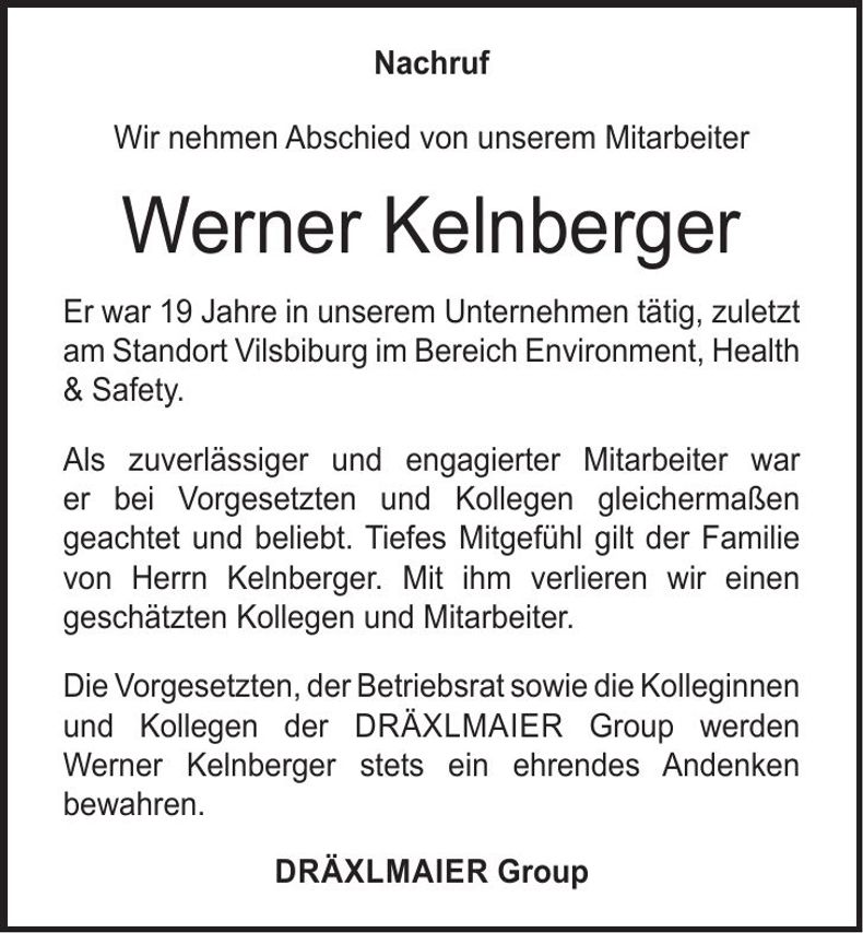 Traueranzeige Werner Kelnberger