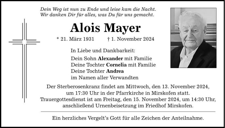 Traueranzeige Alois Mayer