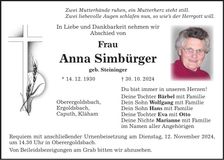 Traueranzeige Anna Simbürger