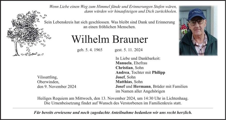 Traueranzeige Wilhelm Brauner