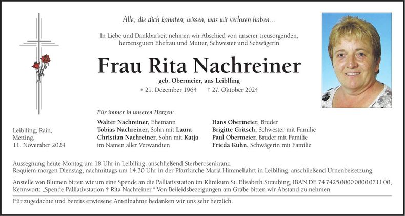Traueranzeige Rita Nachreiner