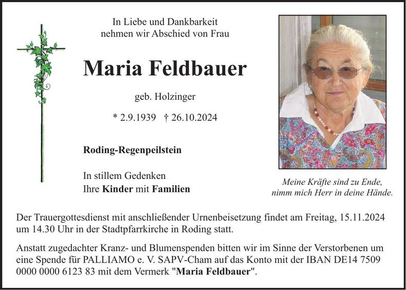 Traueranzeige Maria Feldbauer