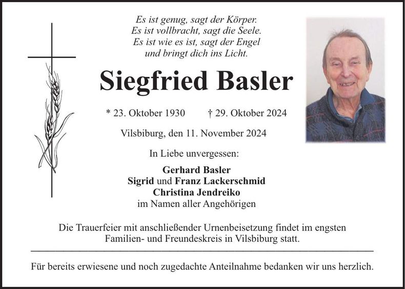 Traueranzeige Siegfried Basler