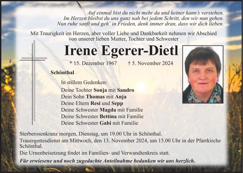Traueranzeige Irene Egerer-Dietl